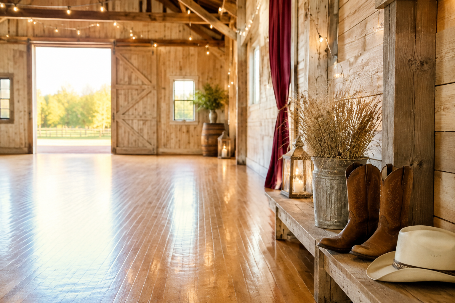 A bright rustic country dance floor with cowboy boots