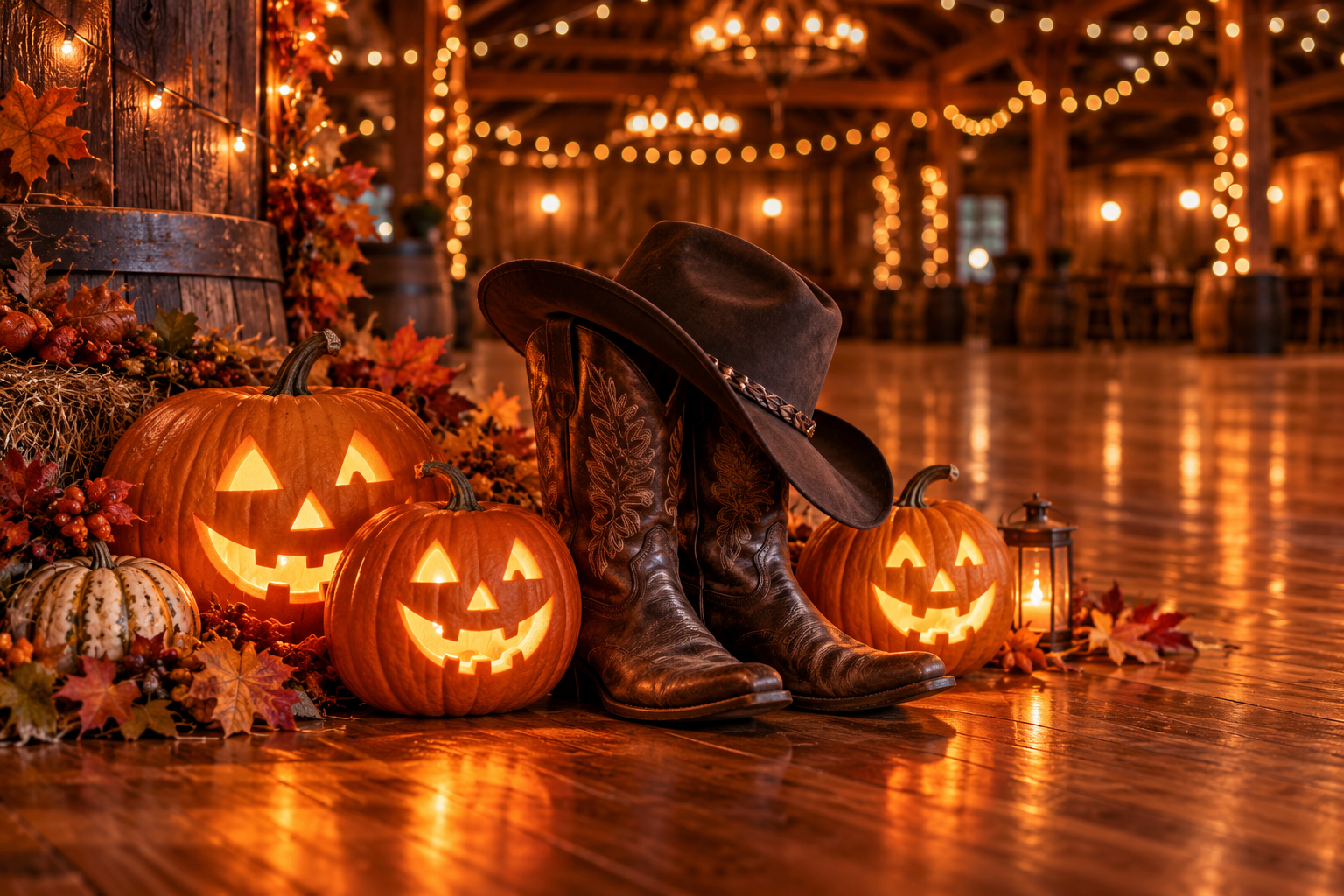 Glowing Halloween pumpkins and cowboy boots ready for a country dance party